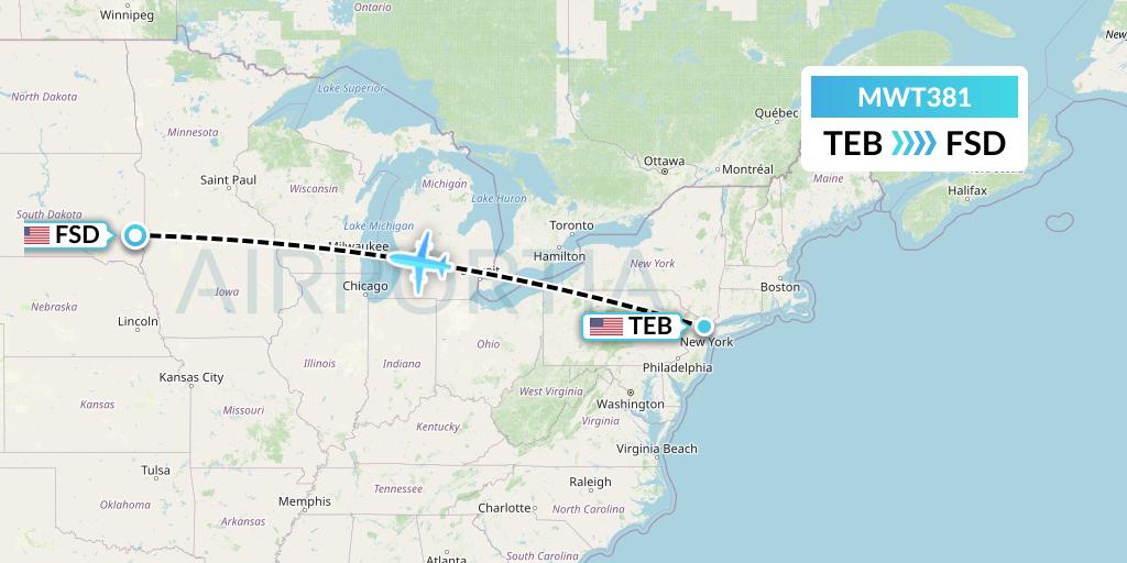 MWT381 Midwest Aviation Division Flight Map: Teterboro to Sioux Falls