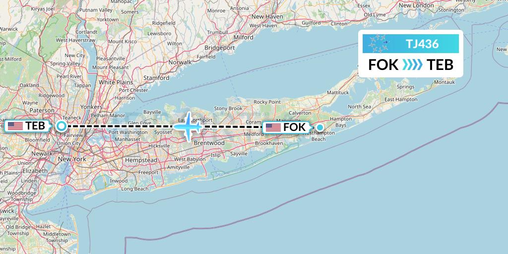 TJ436 Tradewind Aviation Flight Map: Westhampton Beach to Teterboro