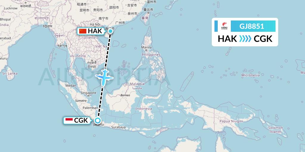 GJ8851 Loong Airlines Flight Map: Haikou to Jakarta