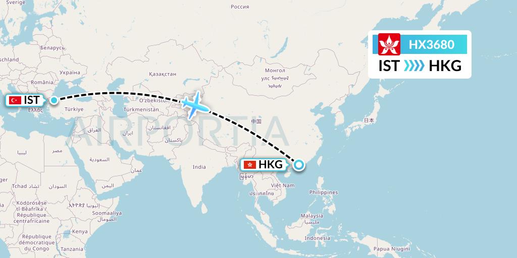 HX3680 Hong Kong Airlines Flight Map: Istanbul to Hong Kong