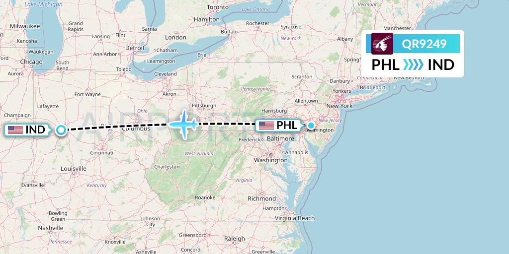 QR9249 Qatar Airways Flight Map: Philadelphia to Indianapolis