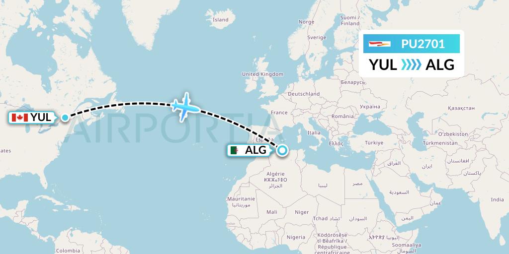 PU2701 Plus Ultra Flight Map: Montreal to Algiers