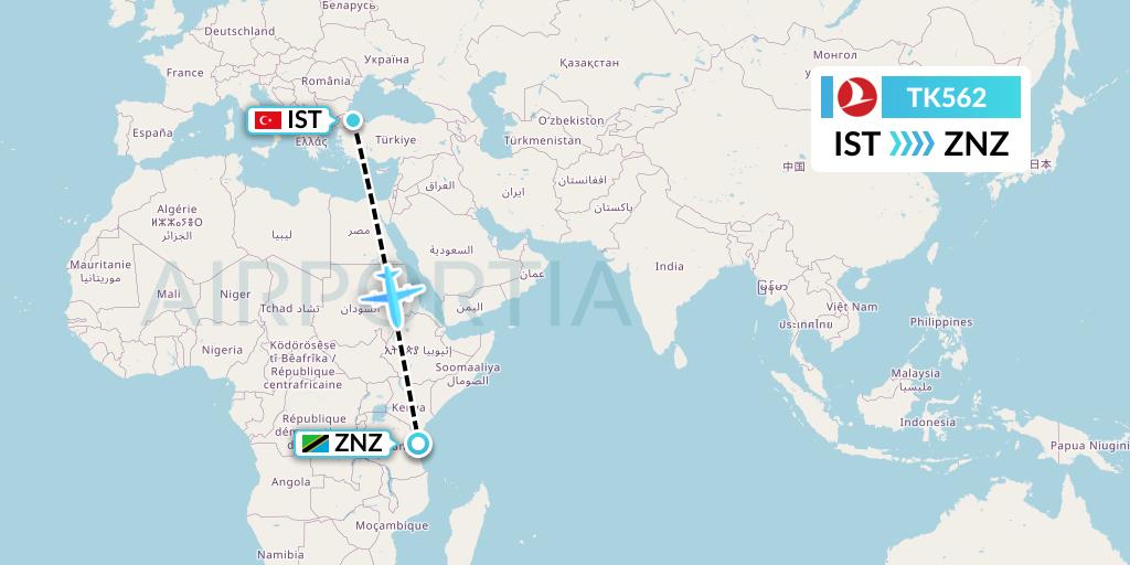 TK562 Turkish Airlines Flight Map: Istanbul to Zanzibar