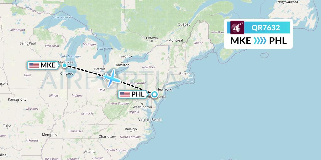 QR7632 Qatar Airways Flight Map: Milwaukee to Philadelphia