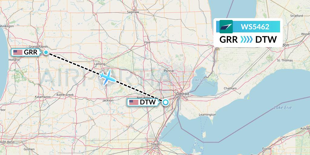 WS5462 WestJet Flight Map: Grand Rapids to Detroit