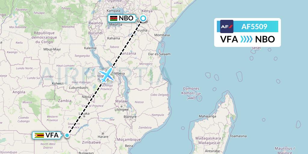 AF5509 Air France Flight Map: Victoria Falls to Nairobi