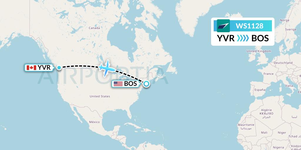 WS1128 WestJet Flight Map: Vancouver to Boston