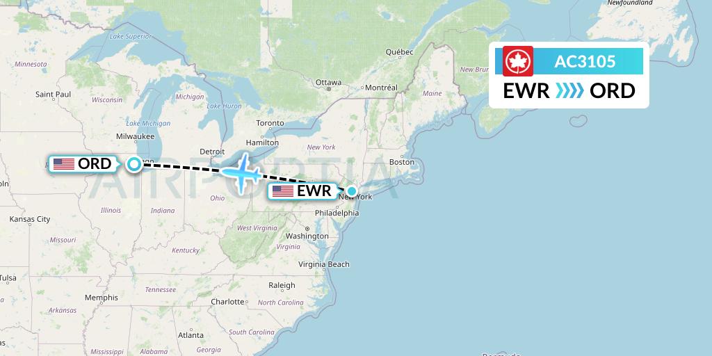 AC3105 Air Canada Flight Map: New York to Chicago