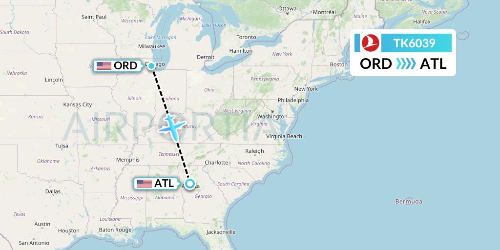 TK6039 Turkish Airlines Flight Map: Chicago to Atlanta