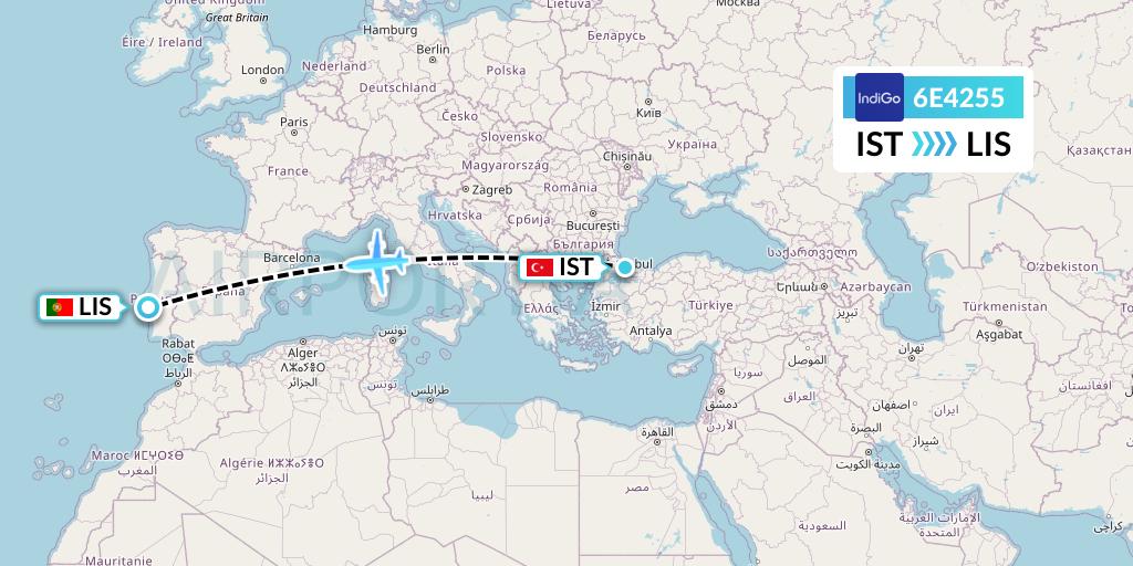 6E4255 IndiGo Airlines Flight Map: Istanbul to Lisbon