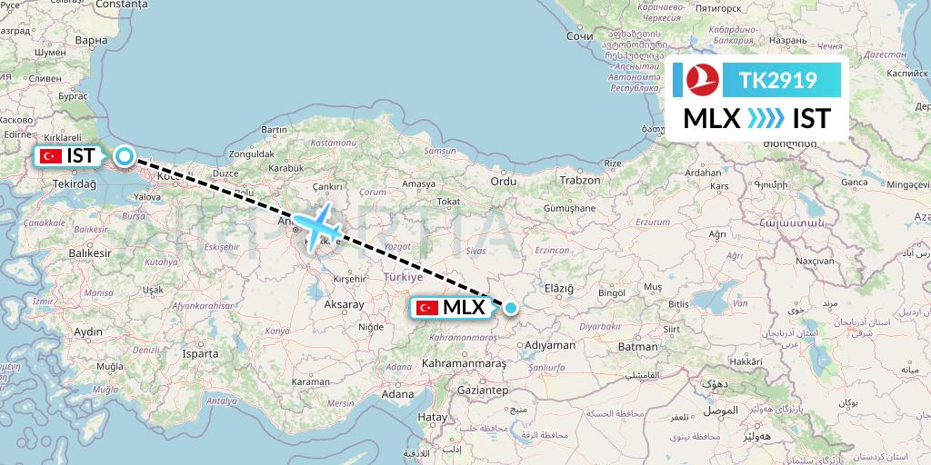 TK2919 Turkish Airlines Flight Map: Malatya to Istanbul