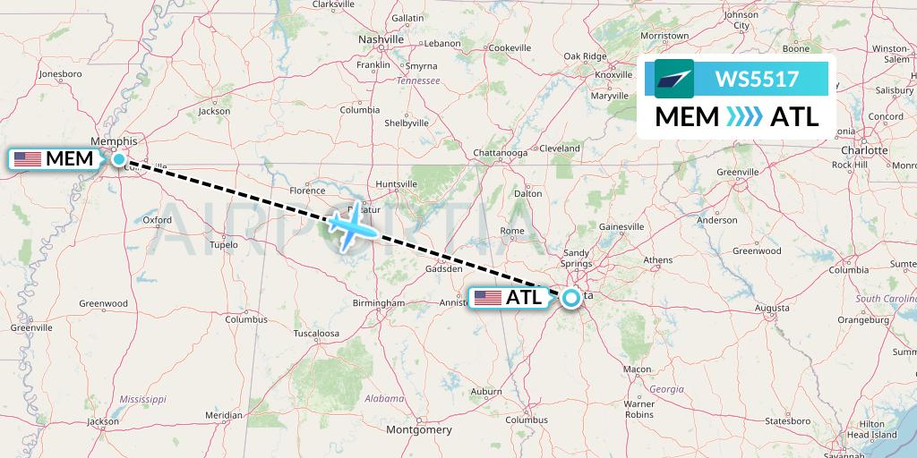 WS5517 WestJet Flight Map: Memphis to Atlanta