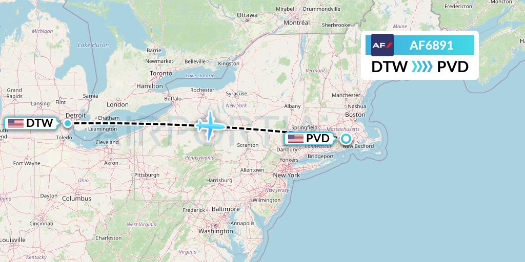 AF6891 Air France Flight Map: Detroit to Providence
