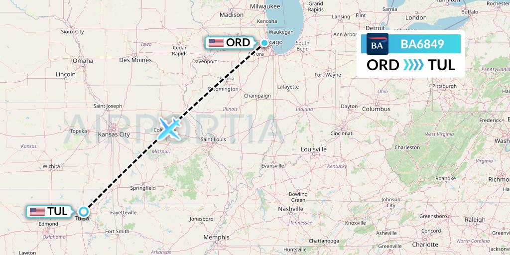BA6849 British Airways Flight Map: Chicago to Tulsa