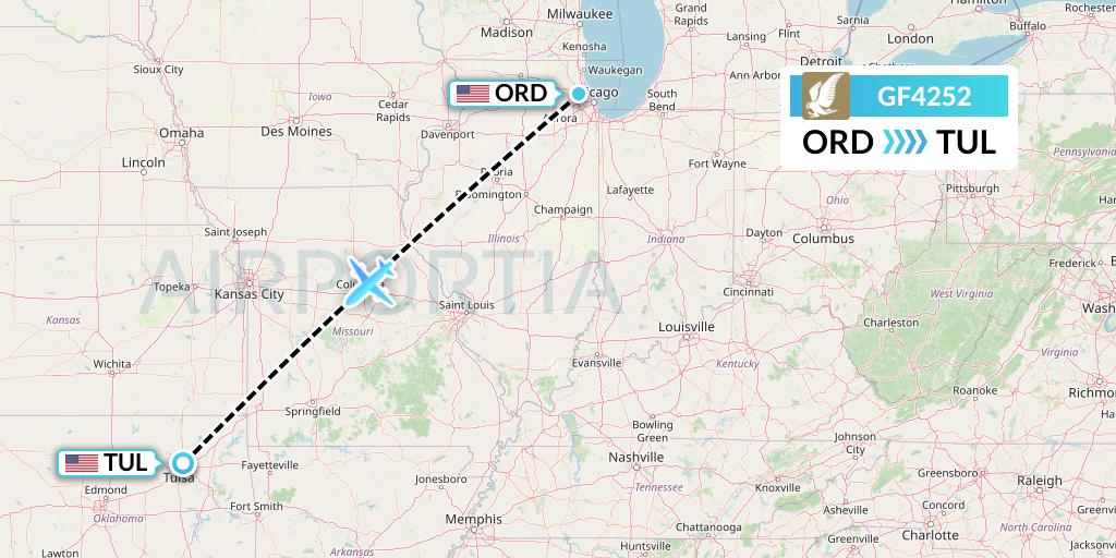 GF4252 Gulf Air Flight Map: Chicago to Tulsa