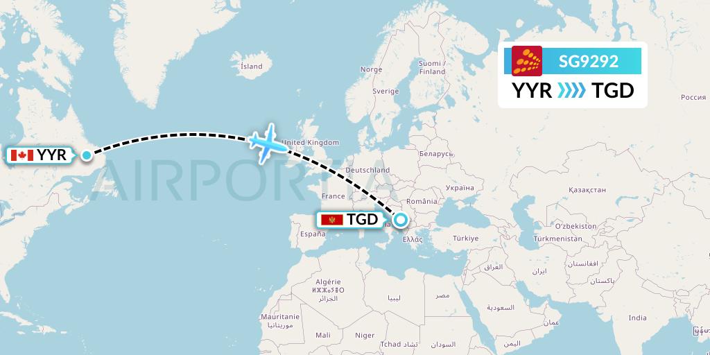 SG9292 SpiceJet Flight Map: Goose Bay to Podgorica