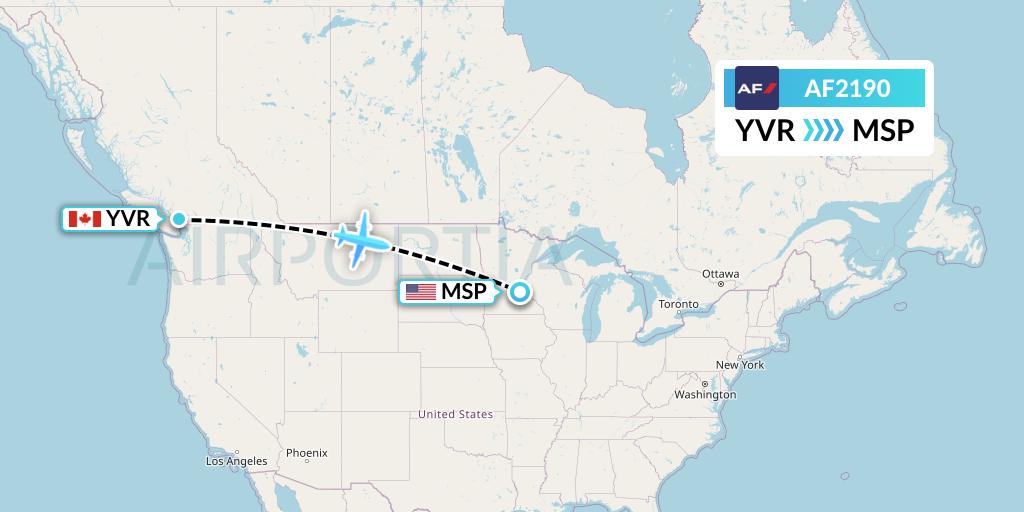 AF2190 Air France Flight Map: Vancouver to Minneapolis