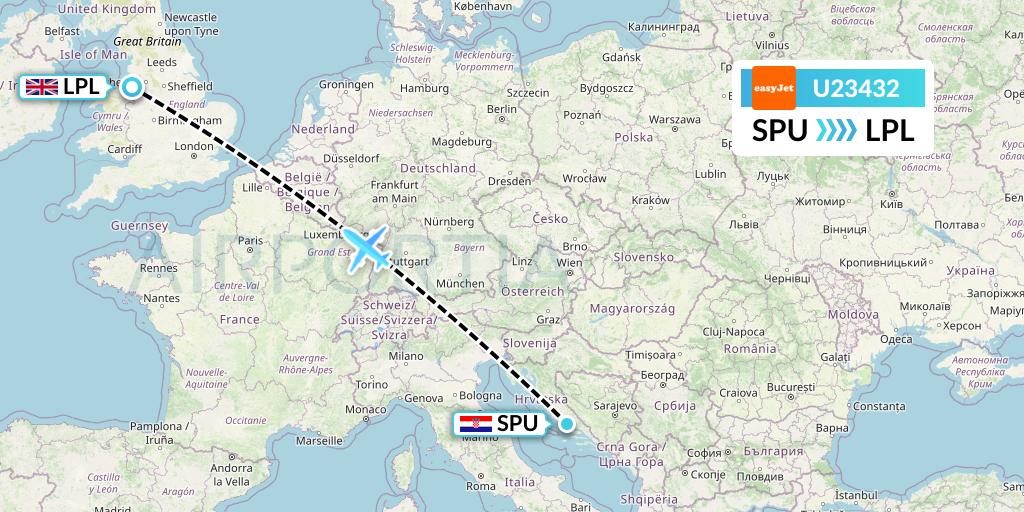 U23432 EasyJet Flight Map: Split to Liverpool