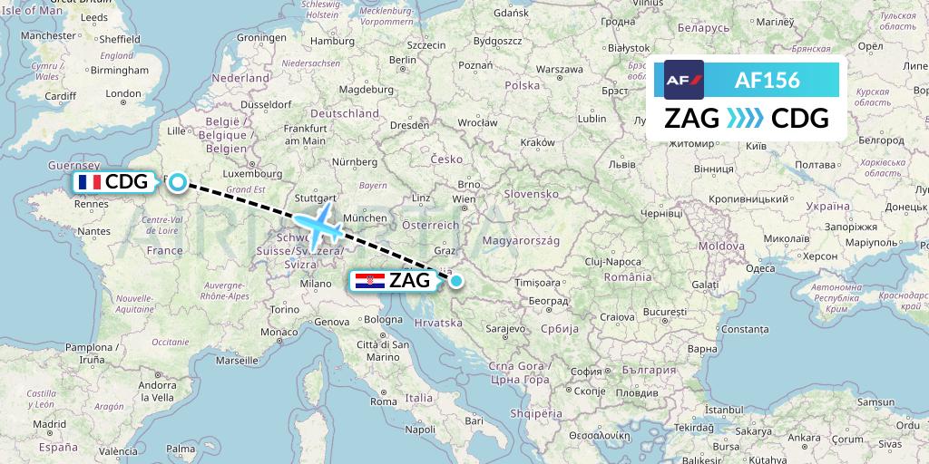 AF156 Air France Flight Map: Zagreb to Paris