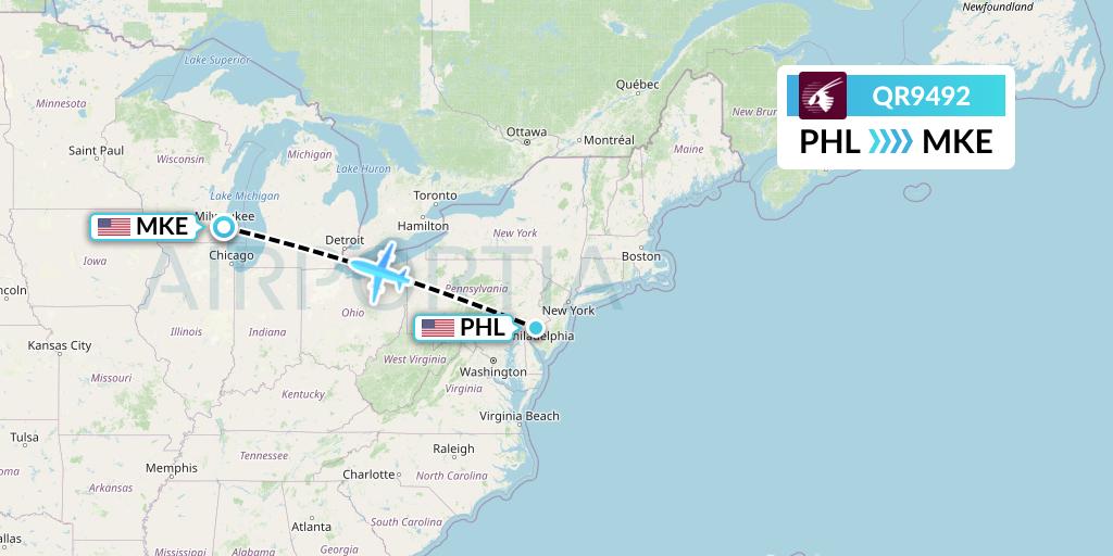 QR9492 Qatar Airways Flight Map: Philadelphia to Milwaukee