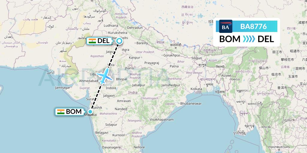 BA8776 British Airways Flight Map: Mumbai to Delhi