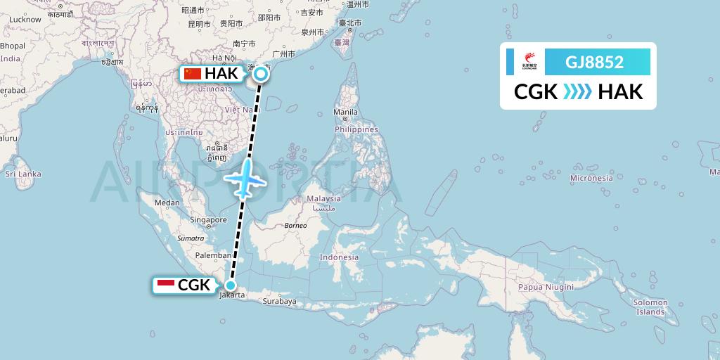 GJ8852 Loong Airlines Flight Map: Jakarta to Haikou