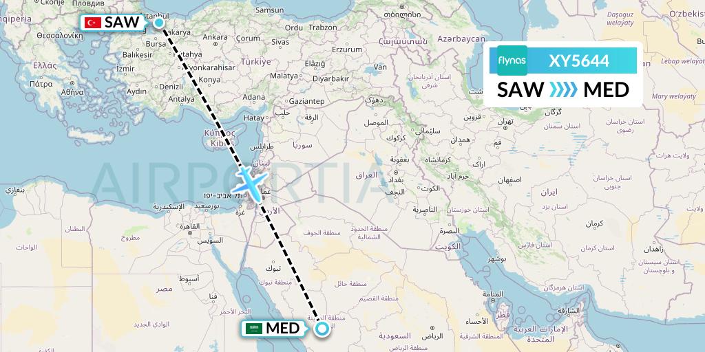 XY5644 Flynas Flight Map: Istanbul to Medina