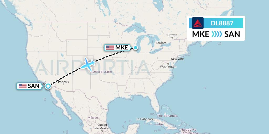 DL8887 Delta Air Lines Flight Map: Milwaukee to San Diego