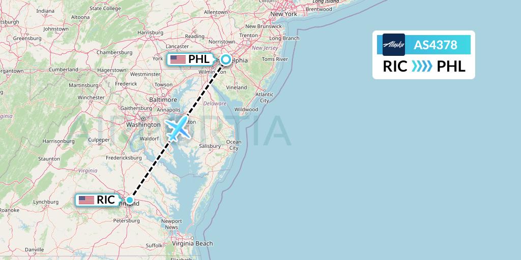 AS4378 Alaska Airlines Flight Map: Richmond to Philadelphia