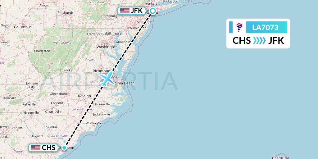 LA7073 LAN Airlines Flight Map: Charleston to New York