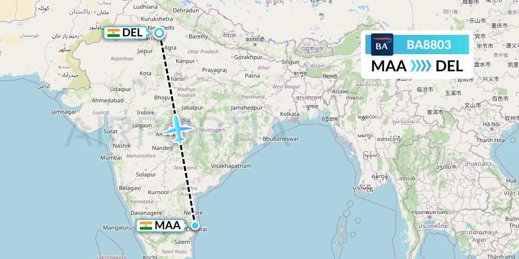 BA8803 British Airways Flight Map: Chennai to Delhi