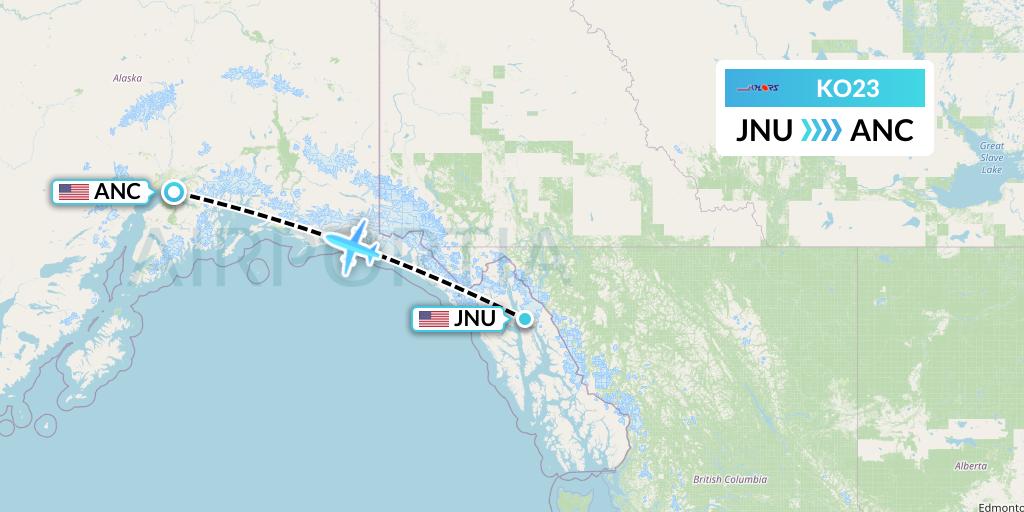 KO23 Komiaviatrans Flight Map: Juneau to Anchorage