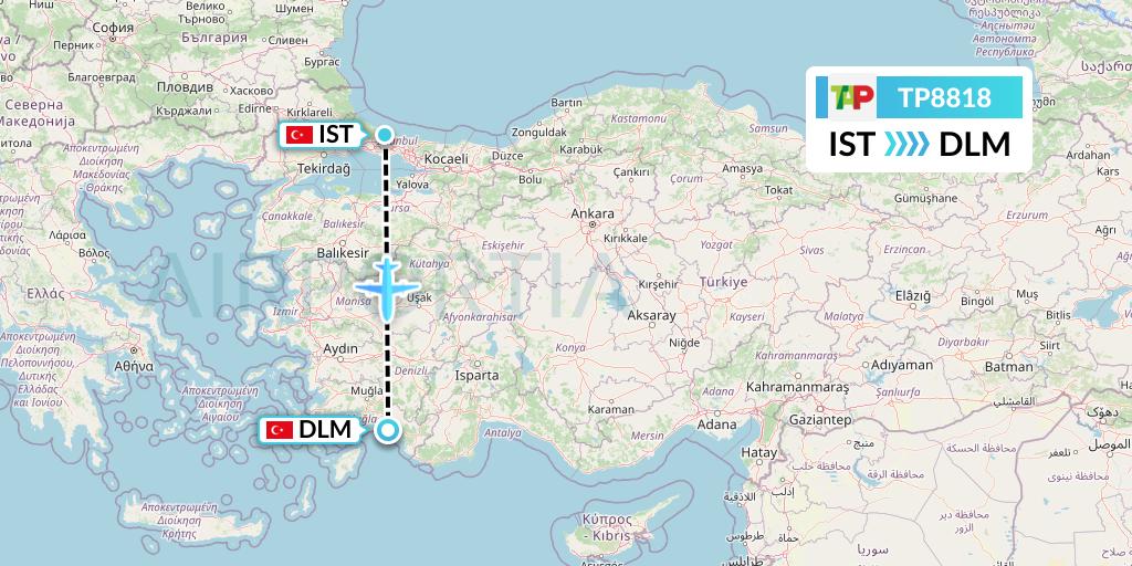 TP8818 TAP Portugal Flight Map: Istanbul to Dalaman