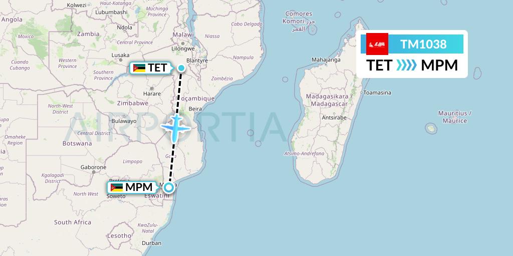 TM1038 LAM Mozambique Airlines Flight Map: Tete to Maputo