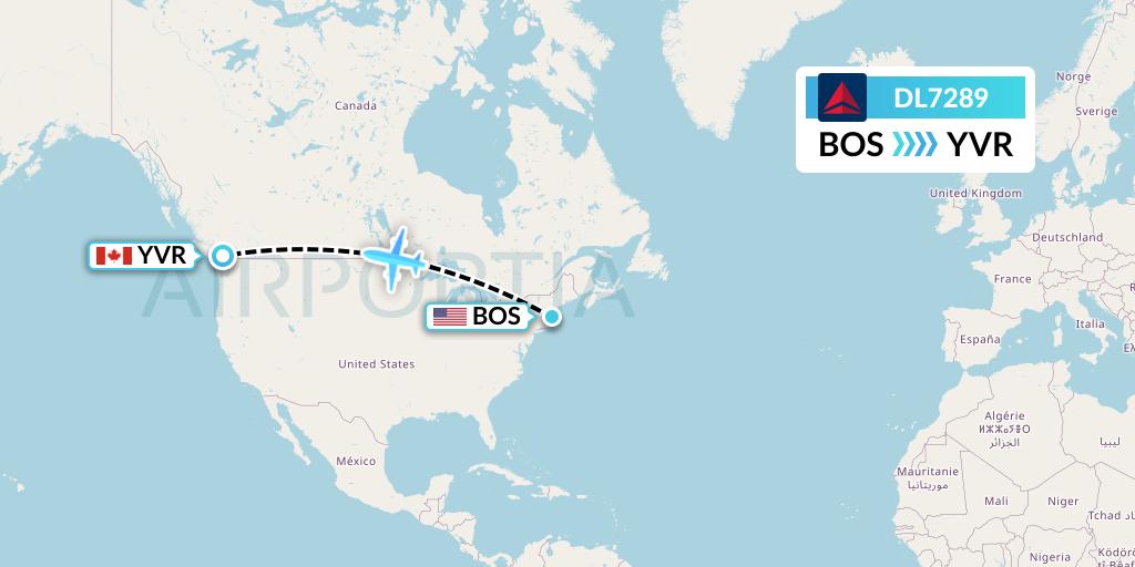 DL7289 Delta Air Lines Flight Map: Boston to Vancouver