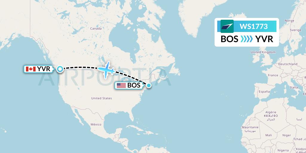 WS1773 WestJet Flight Map: Boston to Vancouver