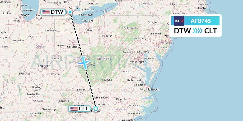 AF8745 Air France Flight Map: Detroit to Charlotte