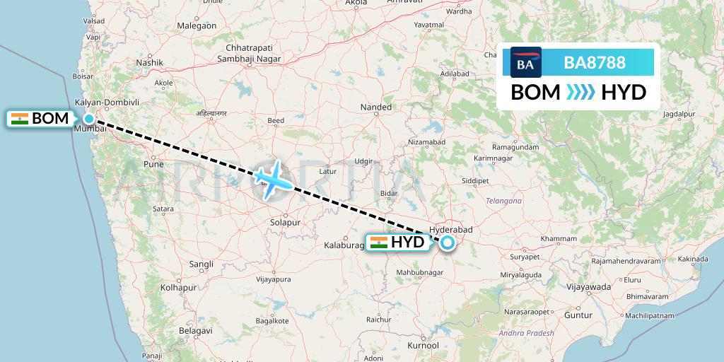 BA8788 British Airways Flight Map: Mumbai to Hyderabad