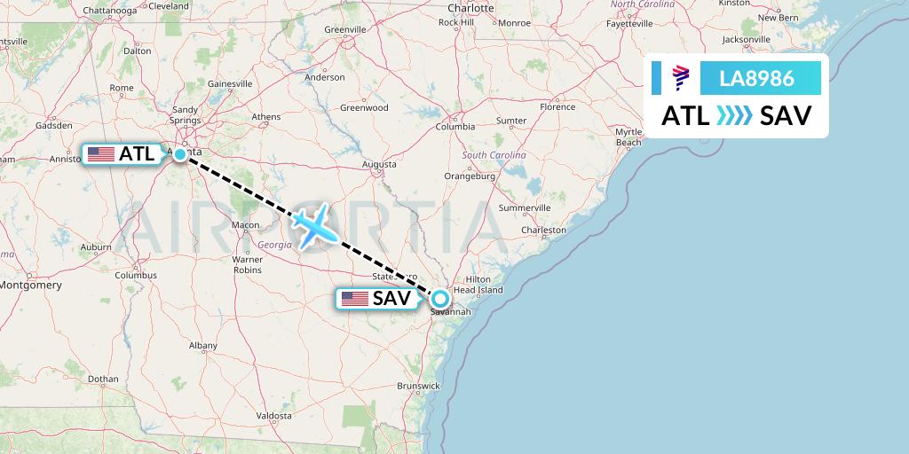 LA8986 LAN Airlines Flight Map: Atlanta to Savannah