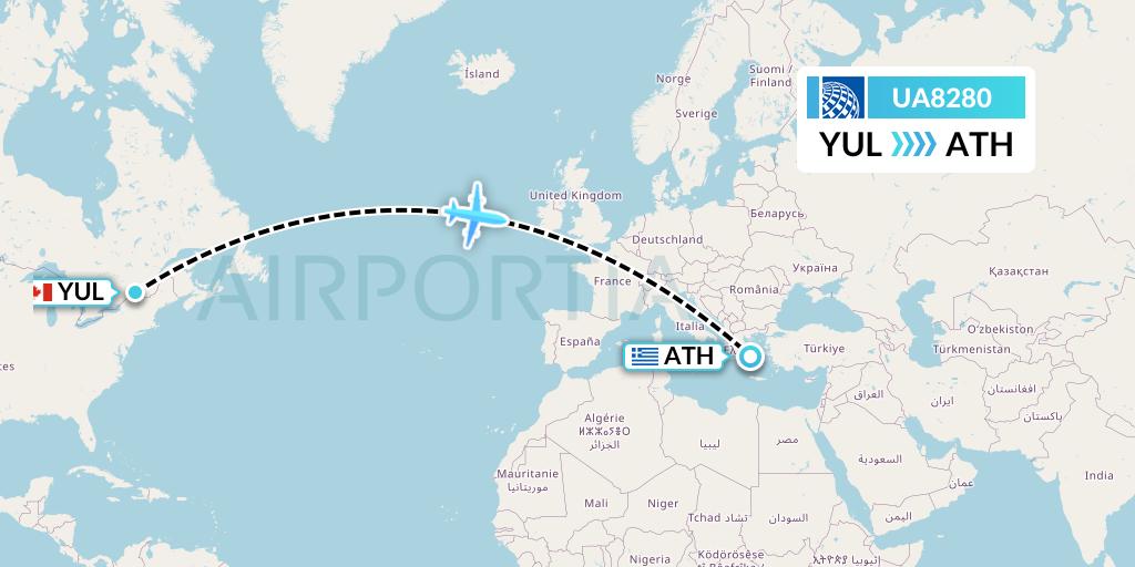 UA8280 United Airlines Flight Map: Montreal to Athens