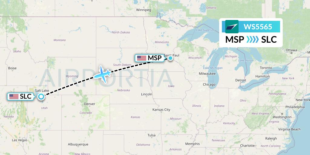 WS5565 WestJet Flight Map: Minneapolis to Salt Lake City
