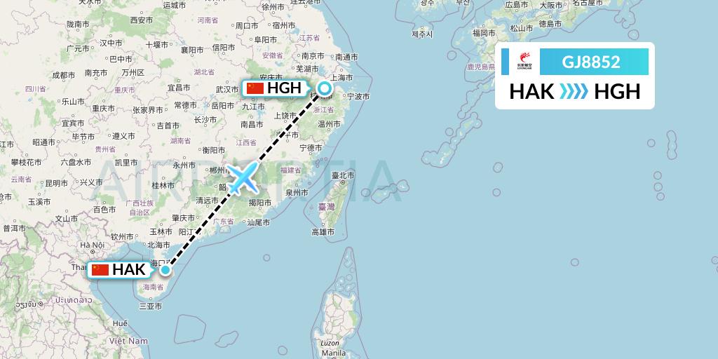 GJ8852 Loong Airlines Flight Map: Haikou to Hangzhou