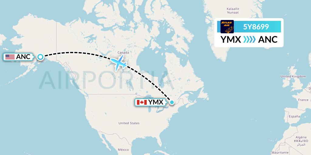 5Y8699 Atlas Air Flight Map: Montreal to Anchorage