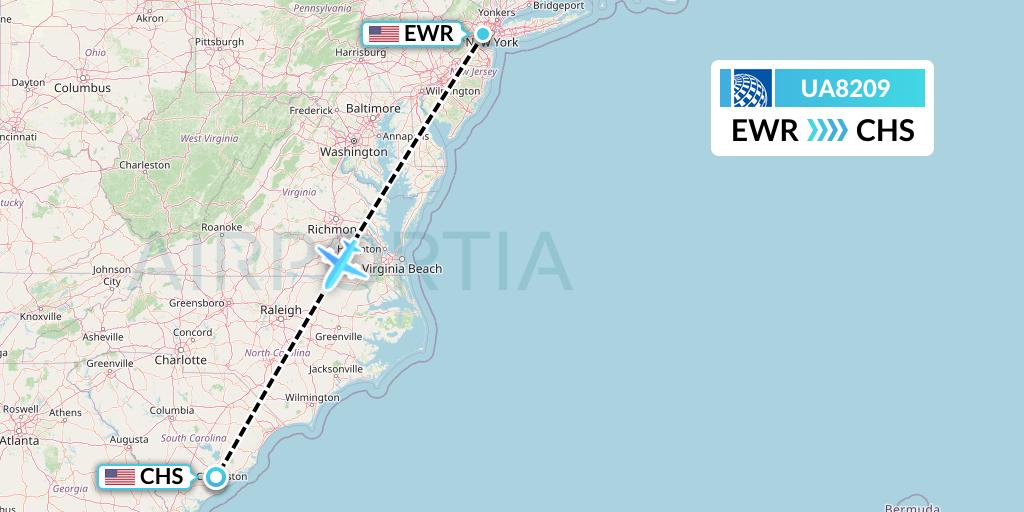 UA8209 United Airlines Flight Map: New York to Charleston