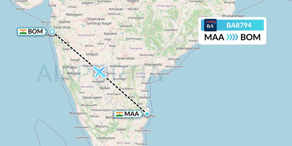 BA8794 British Airways Flight Map: Chennai to Mumbai