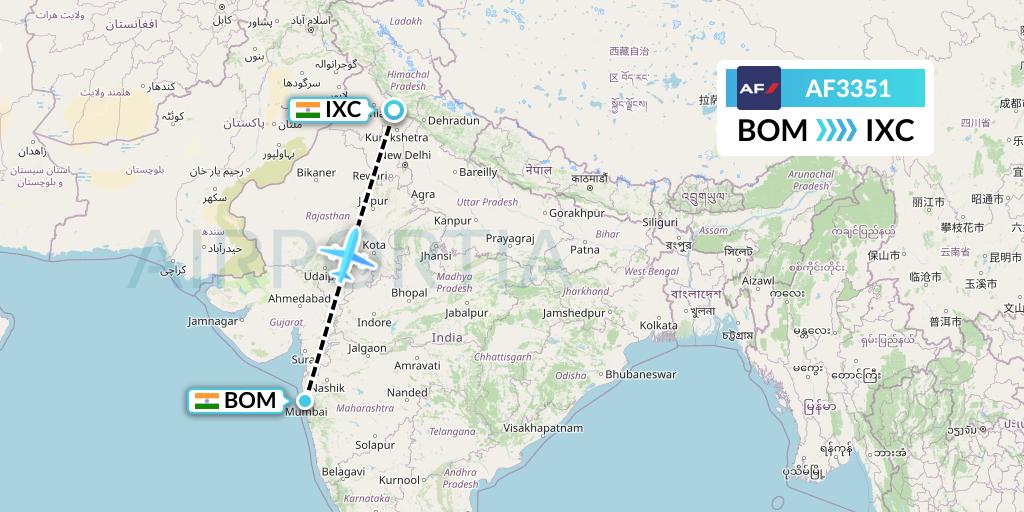 AF3351 Air France Flight Map: Mumbai to Chandigarh