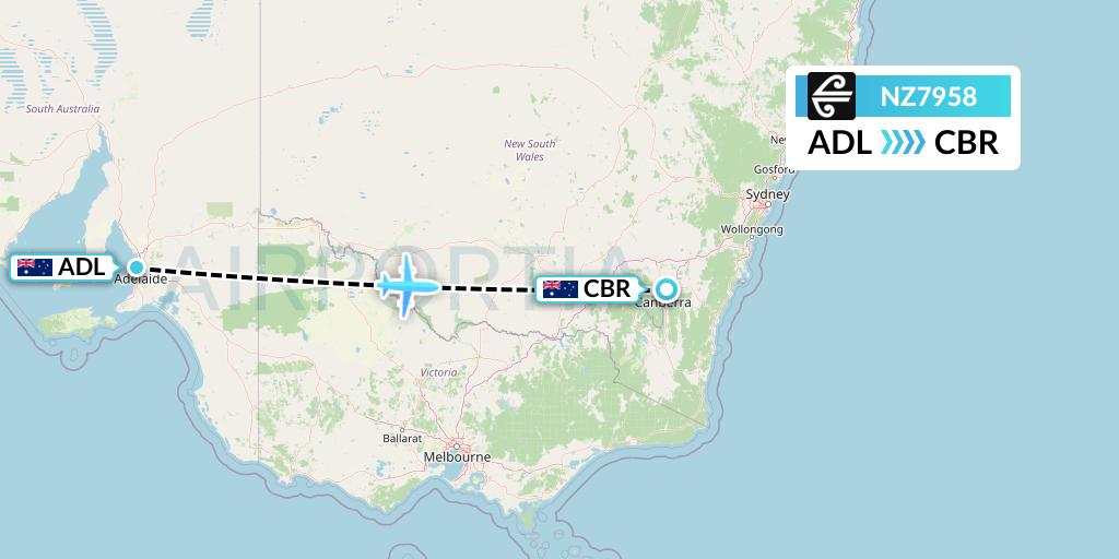 NZ7958 Air New Zealand Flight Map: Adelaide to Canberra