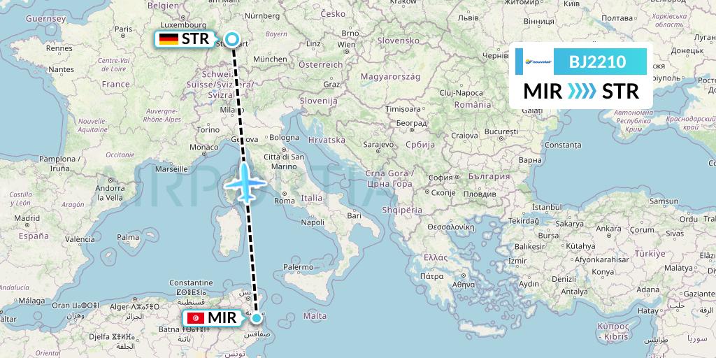 BJ2210 Nouvelair Tunisie Flight Map: Monastir to Stuttgart