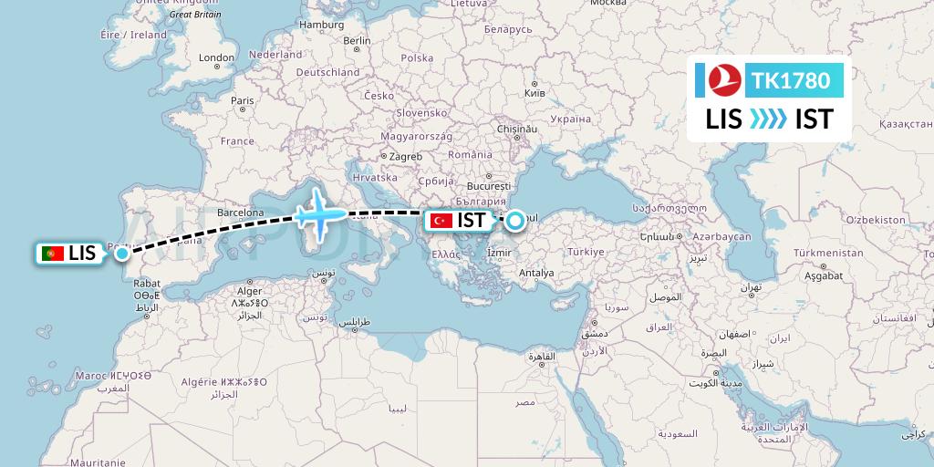 TK1780 Turkish Airlines Flight Map: Lisbon to Istanbul