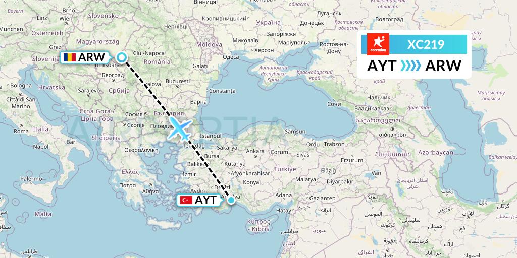 XC219 Corendon Airlines Flight Map: Antalya to Arad